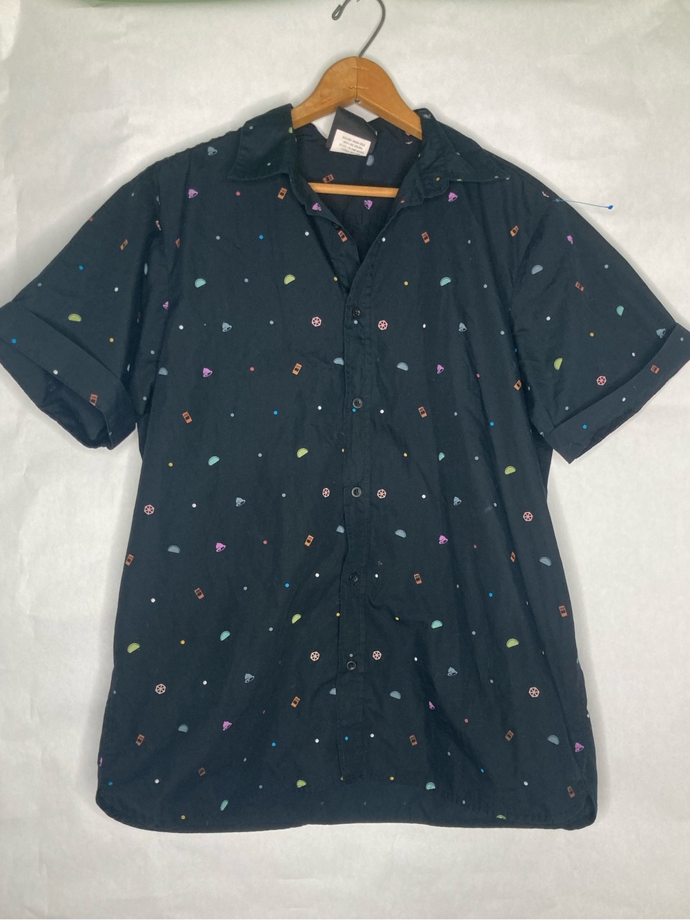 Taco Bell Shirt Mens Medium Black Button Up Short Sleeve Allover Print TBN2000BK
